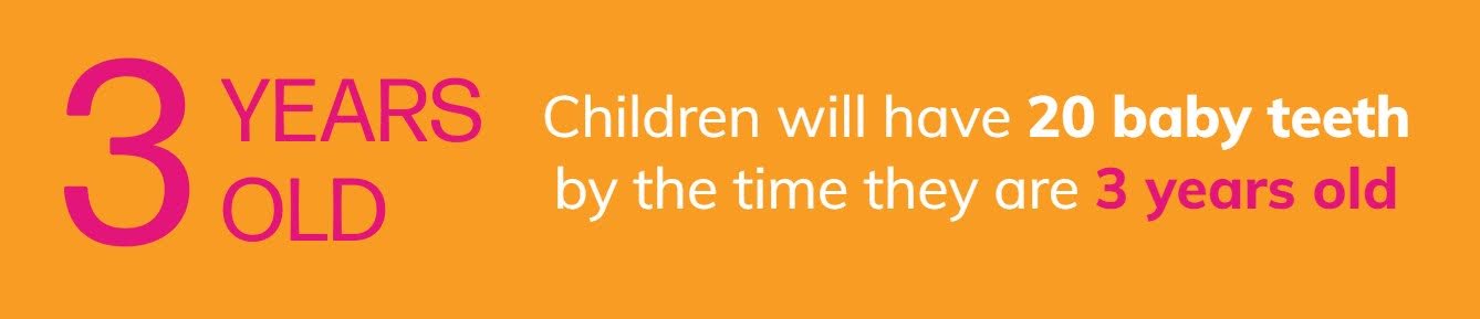 Children will have 20 baby teeth by the time they are 3 years old.